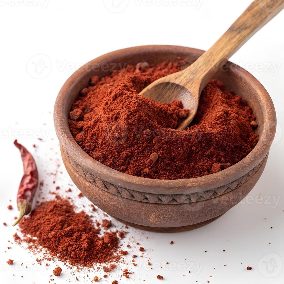 A rustic, round clay bowl filled with finely ground red chili powder. The deep red hue of the spice contrasts with the earthy texture of the bowl photo