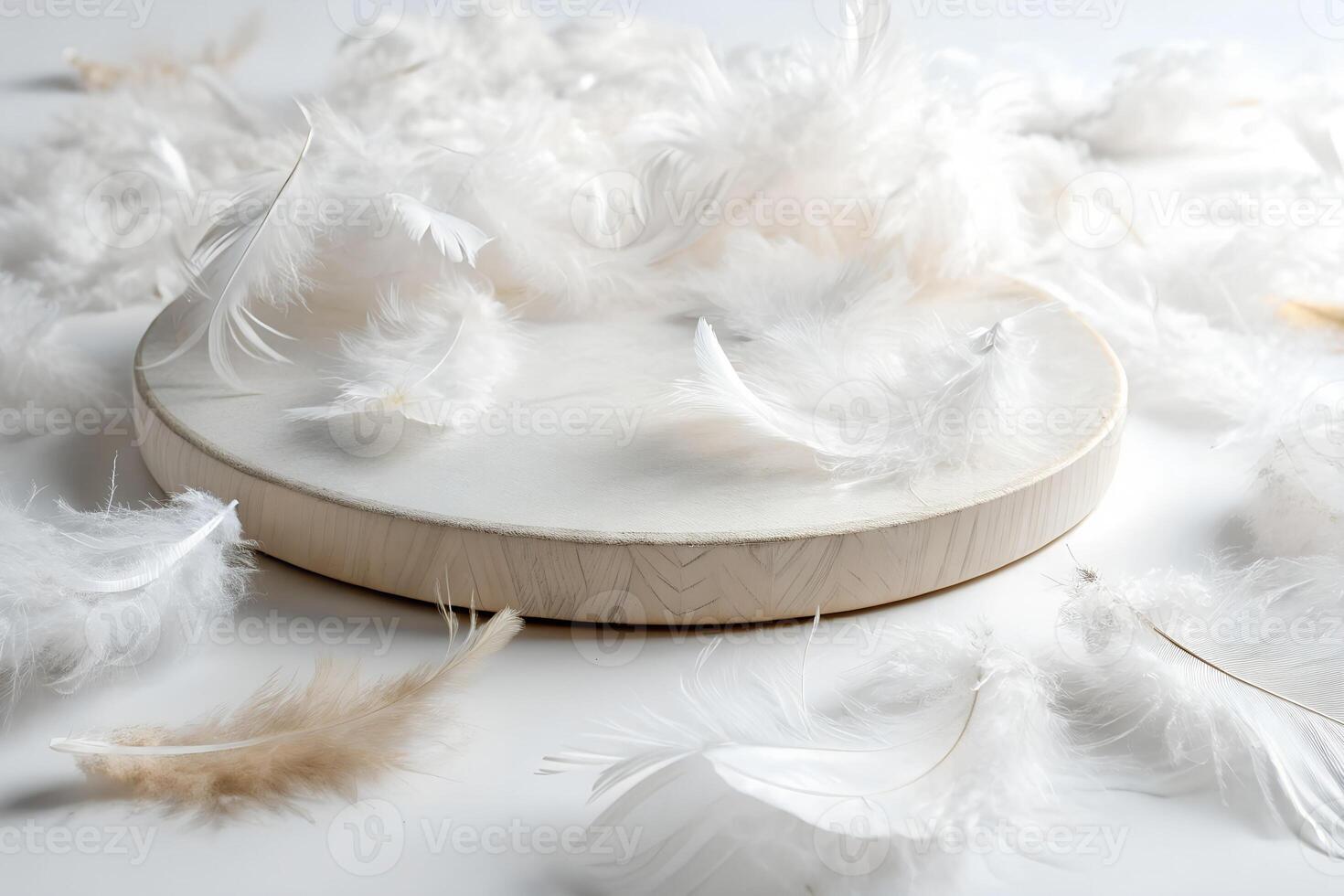 A lightweight, round platform made of overlapping, fluffy white feathers, gently hovering in midair, isolated on a white background photo