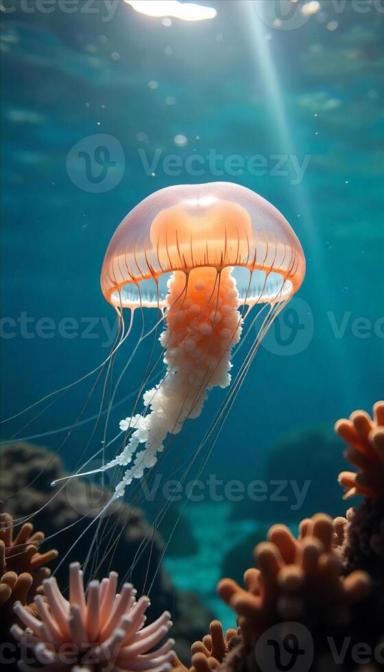A jellyfish with a translucent bell and long tentacles, swimming in a blue ocean with coral reefs and sunlight filtering through the water photo