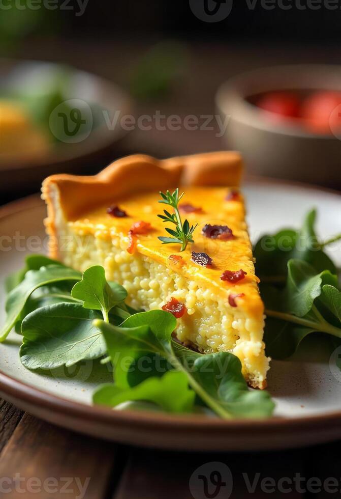 A slice of quiche with bacon bits and a sprig of parsley on a plate surrounded by arugula, in a rustic kitchen photo