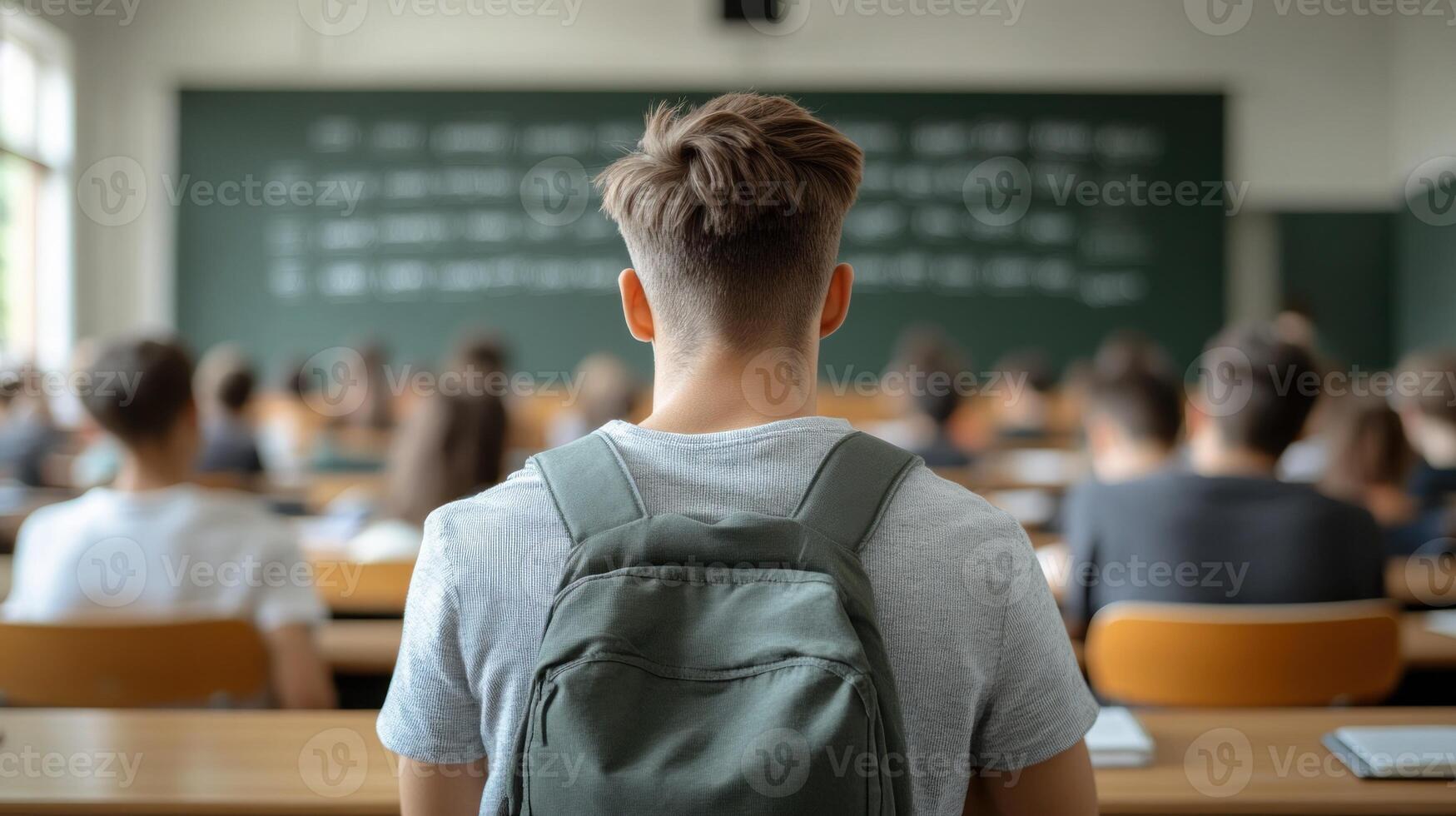 Student with a backpack listens attentively during a classroom session with peers in attendance photo