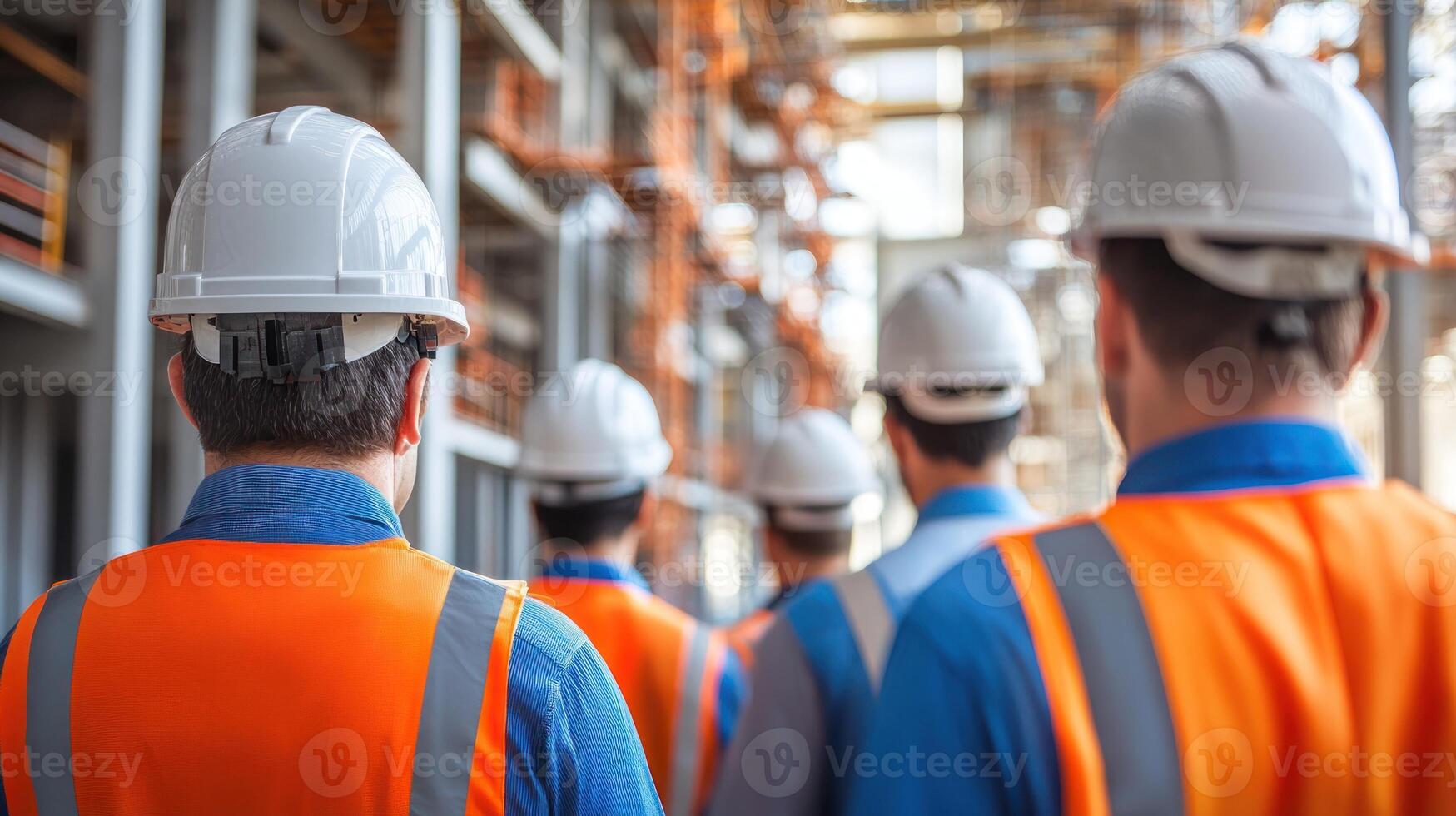 Groups of workers in hard hats and vests walking at a construction site in bright daylight photo