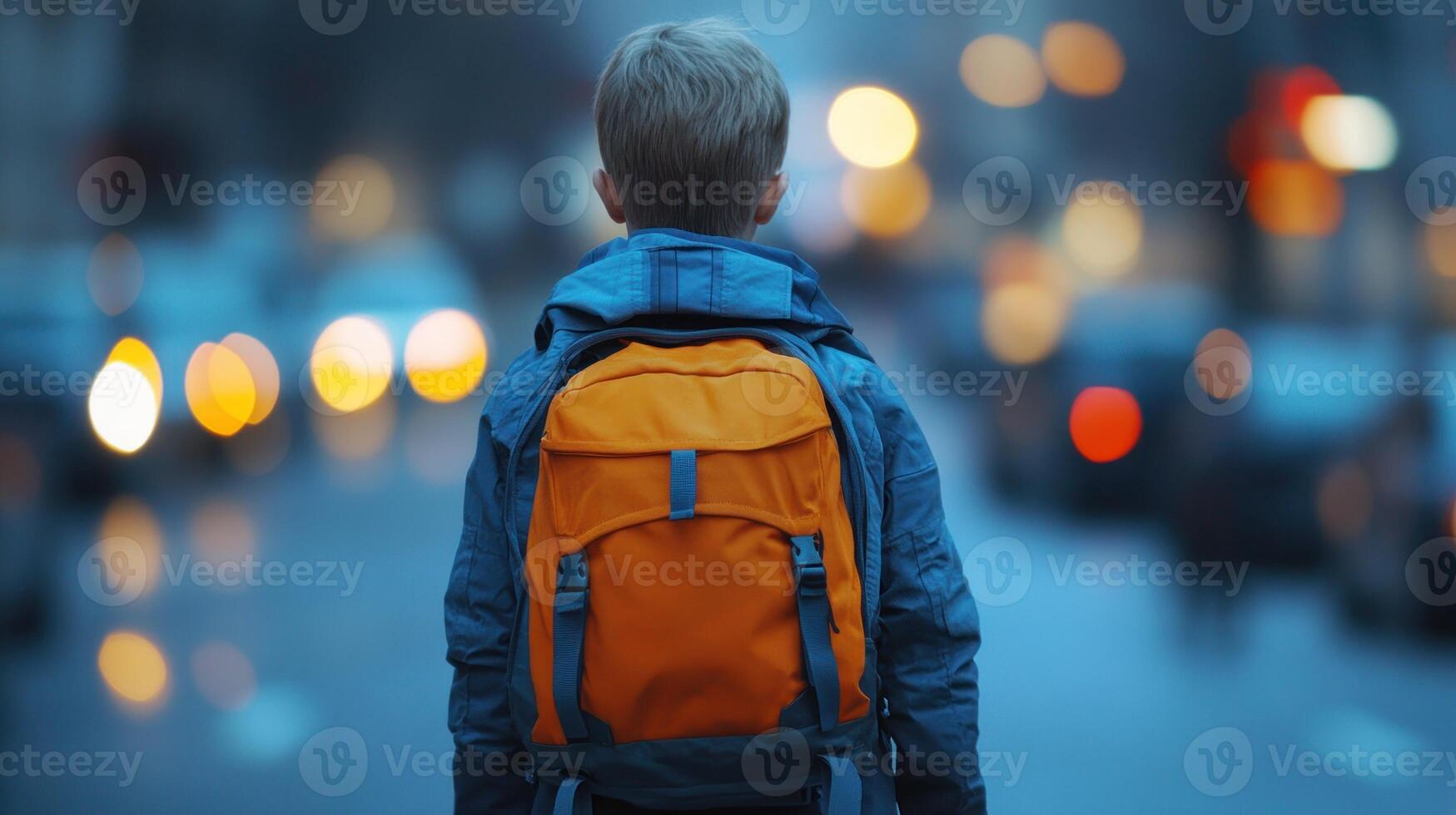 A young boy watches cars go by on a busy city street during early evening hours photo