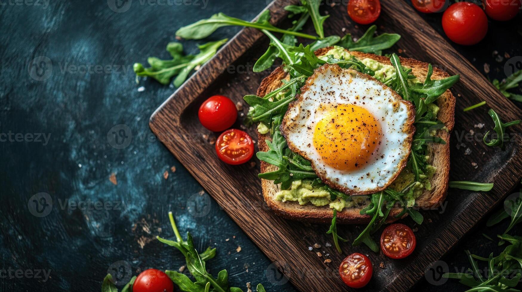 Delicious avocado toast topped with a sunny side up egg and cherry tomatoes on a rustic wooden platter photo