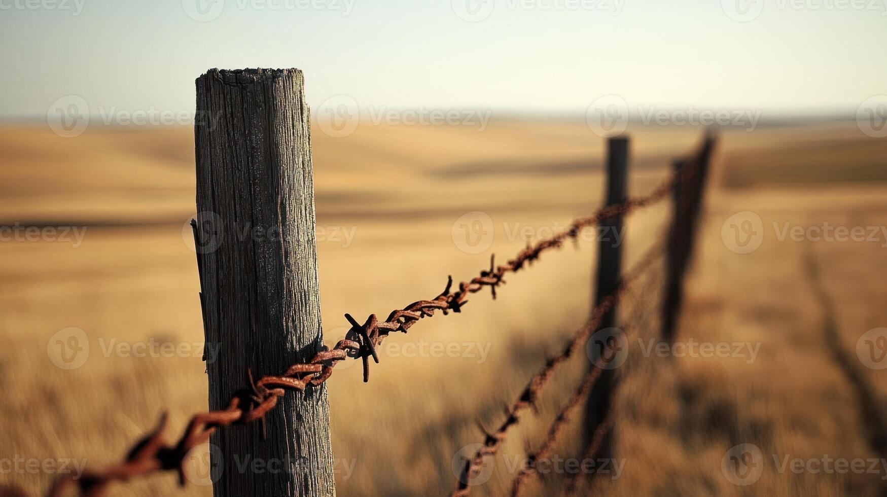 A rusty barbed wire fence stretches across a golden field, creating a rustic countryside view photo