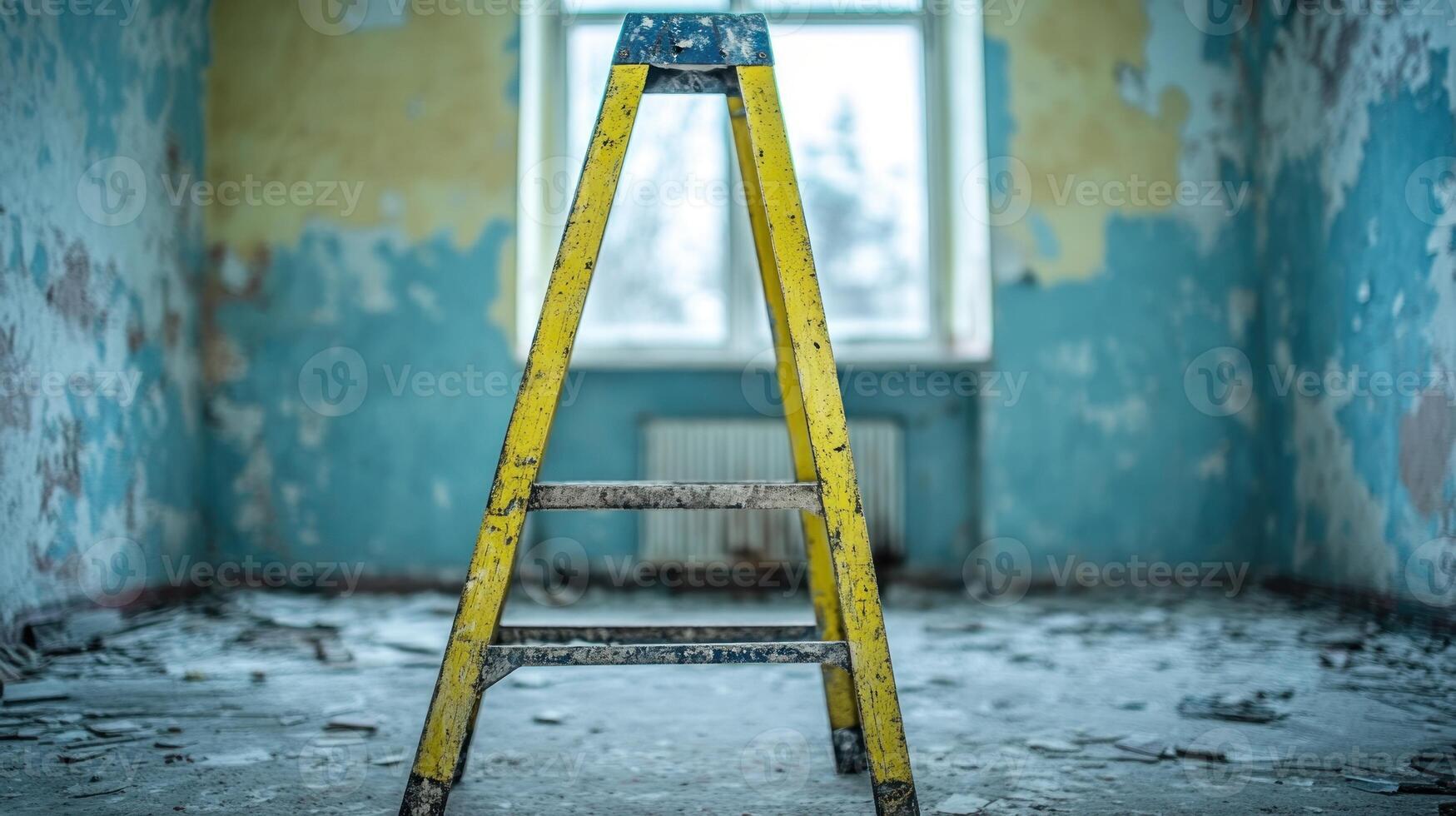 A worn yellow ladder is positioned in a dusty room filled with peeling paint and broken materials photo