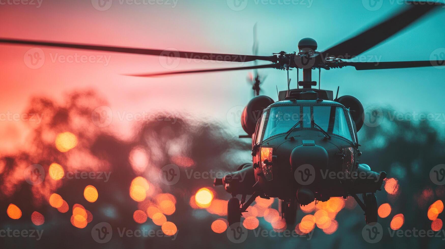 Helicopter takes off as the sun sets, casting colorful reflections against a blurred city skyline photo