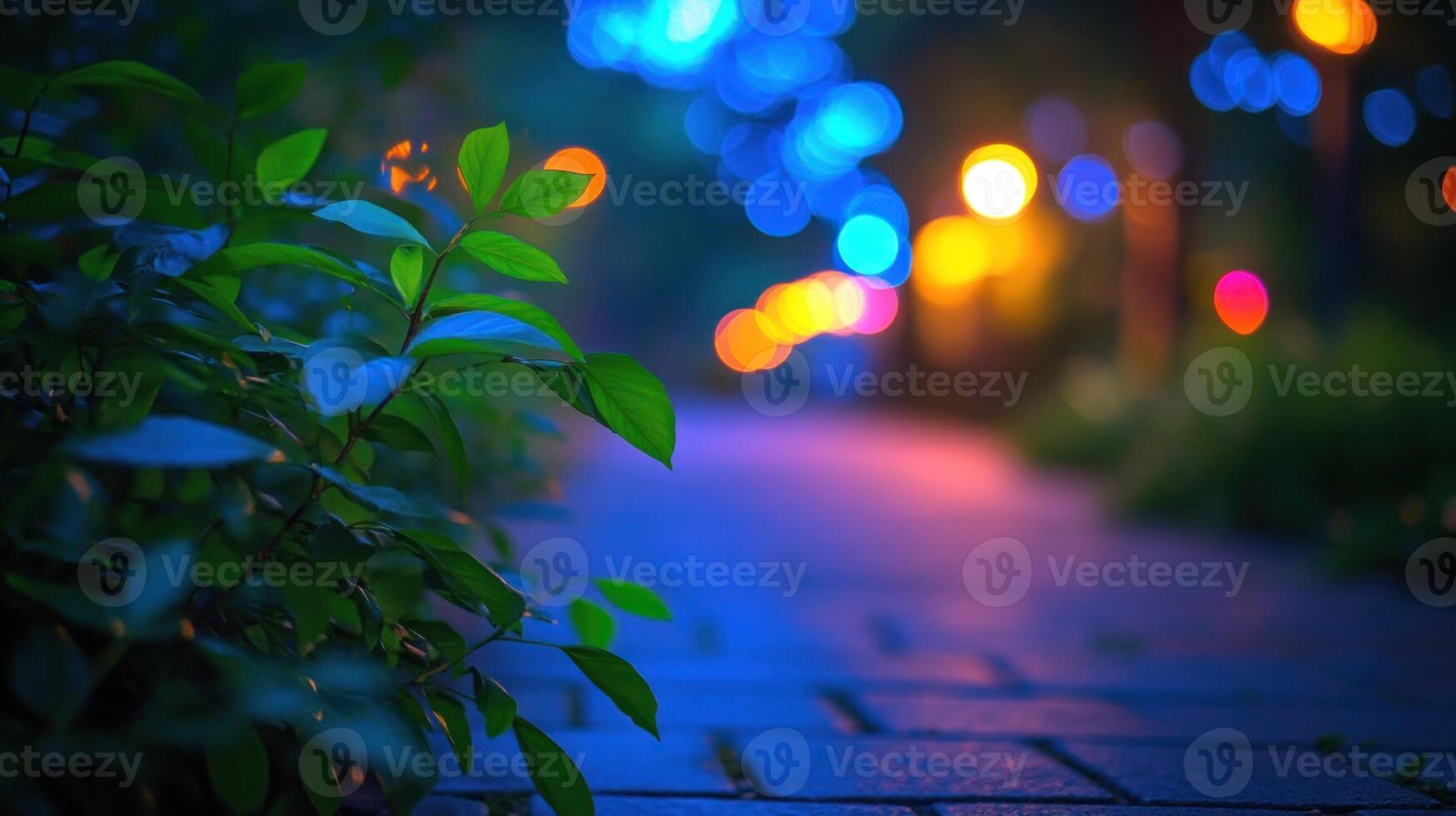 Lush foliage borders a beautifully illuminated pathway, evoking a peaceful evening ambiance for passersby photo