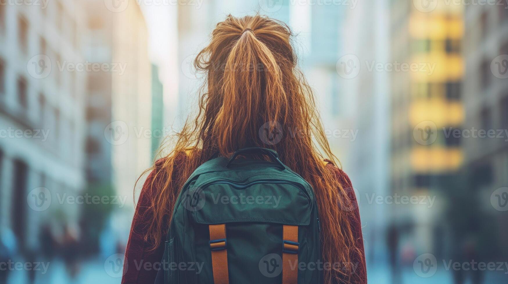 A woman strolls through a lively city at dusk, her backpack on her shoulders with glowing buildings photo
