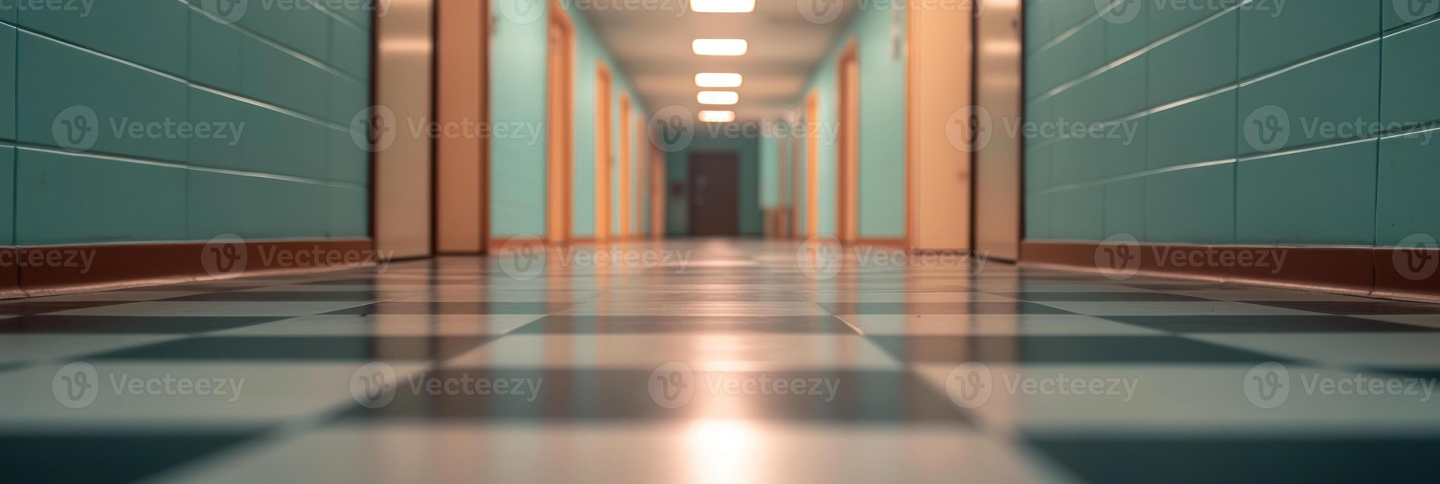 A wide corridor features a checkered floor and turquoise walls, lit by overhead lights photo