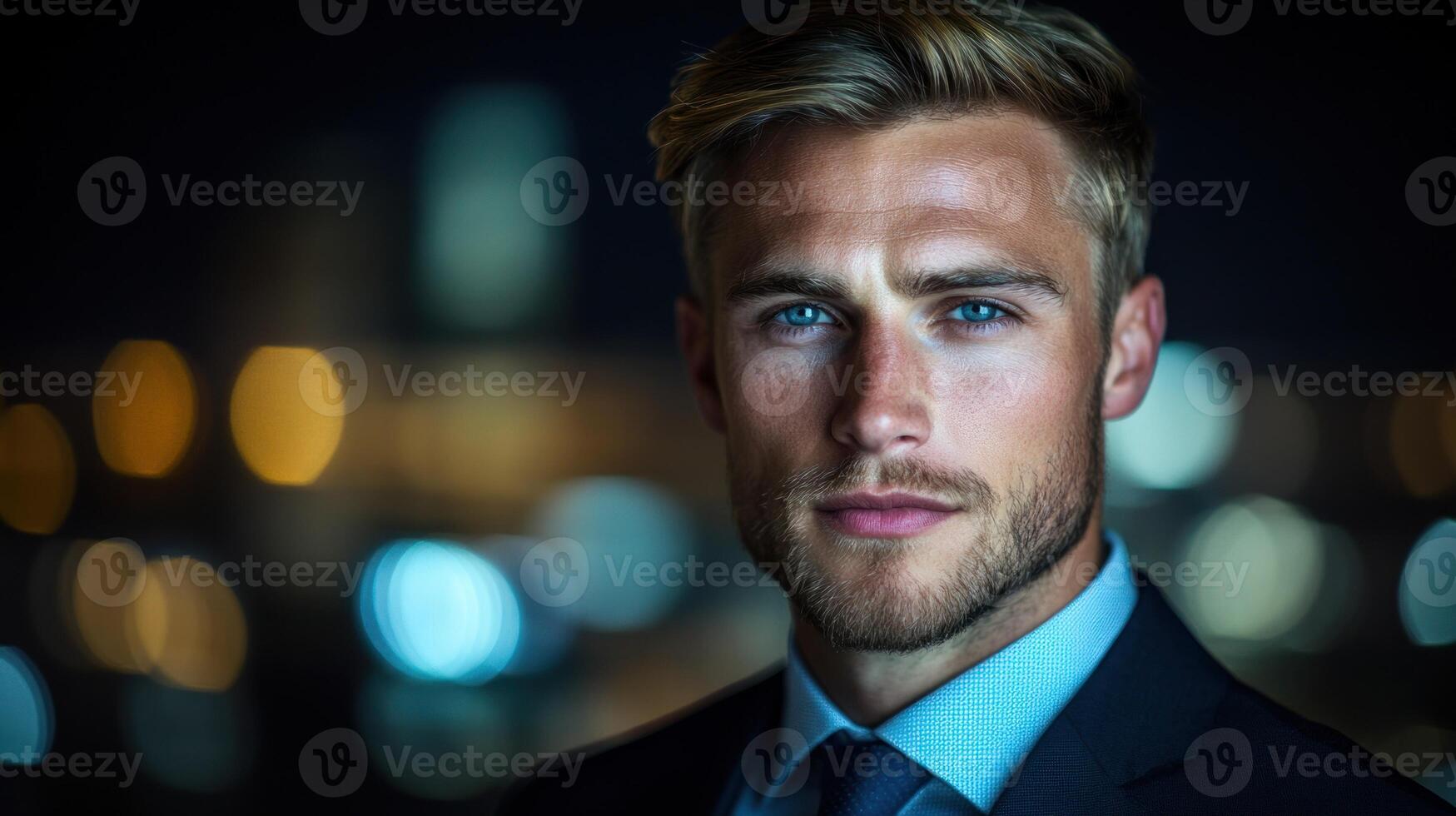 Young man in a suit stands with a serious expression in an illuminated urban area at night photo