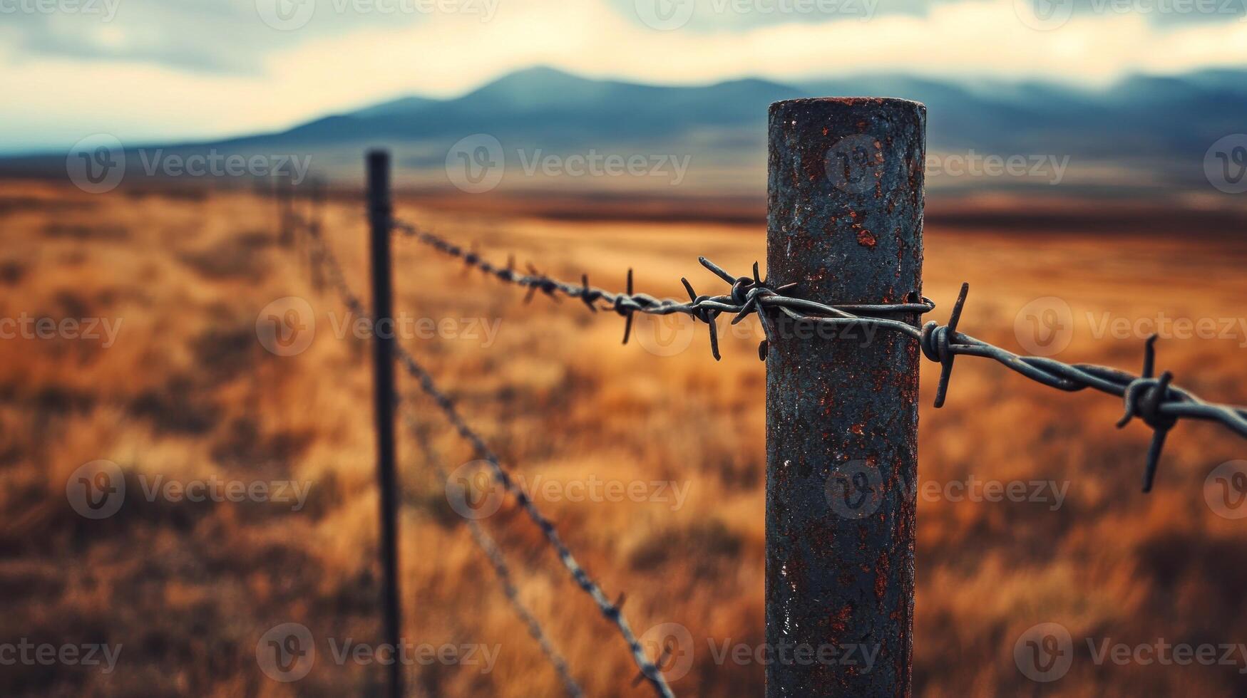 A rustic barbed wire fence stretches across a vast golden field beneath a cloudy sky photo