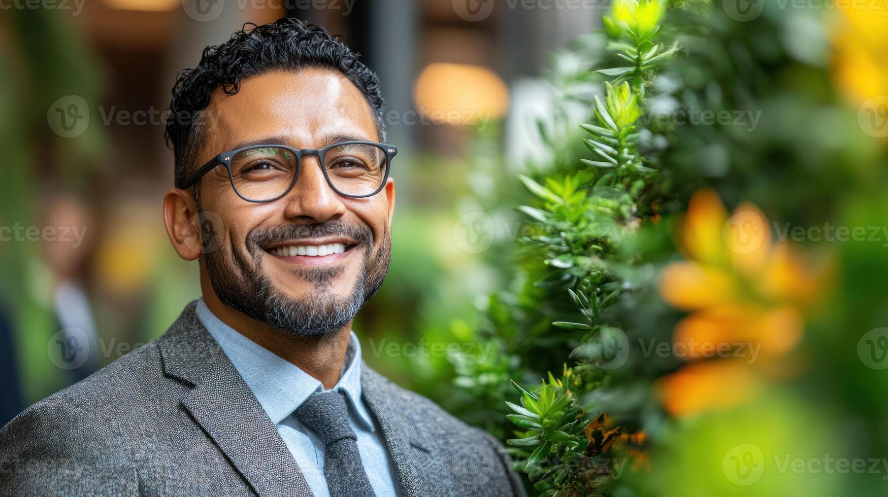 A confident man enjoys nature in an urban environment while showcasing his stylish attire photo