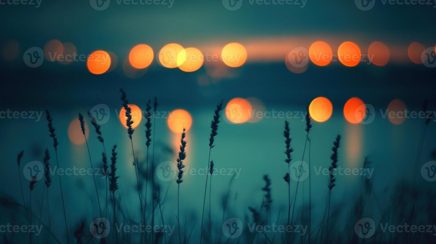 Grasses glow softly against a backdrop of twinkling lights over calm water during twilight photo