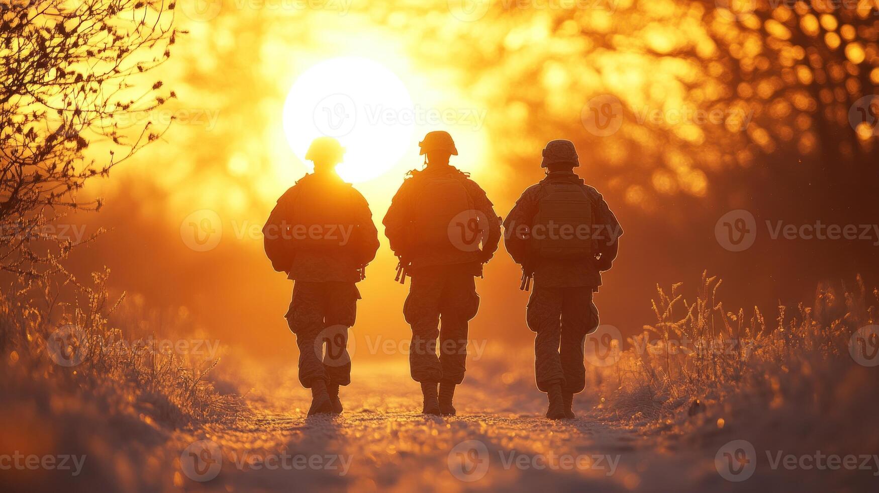 Soldiers march along a snowy path as the sun sets, creating a tranquil and reflective atmosphere photo
