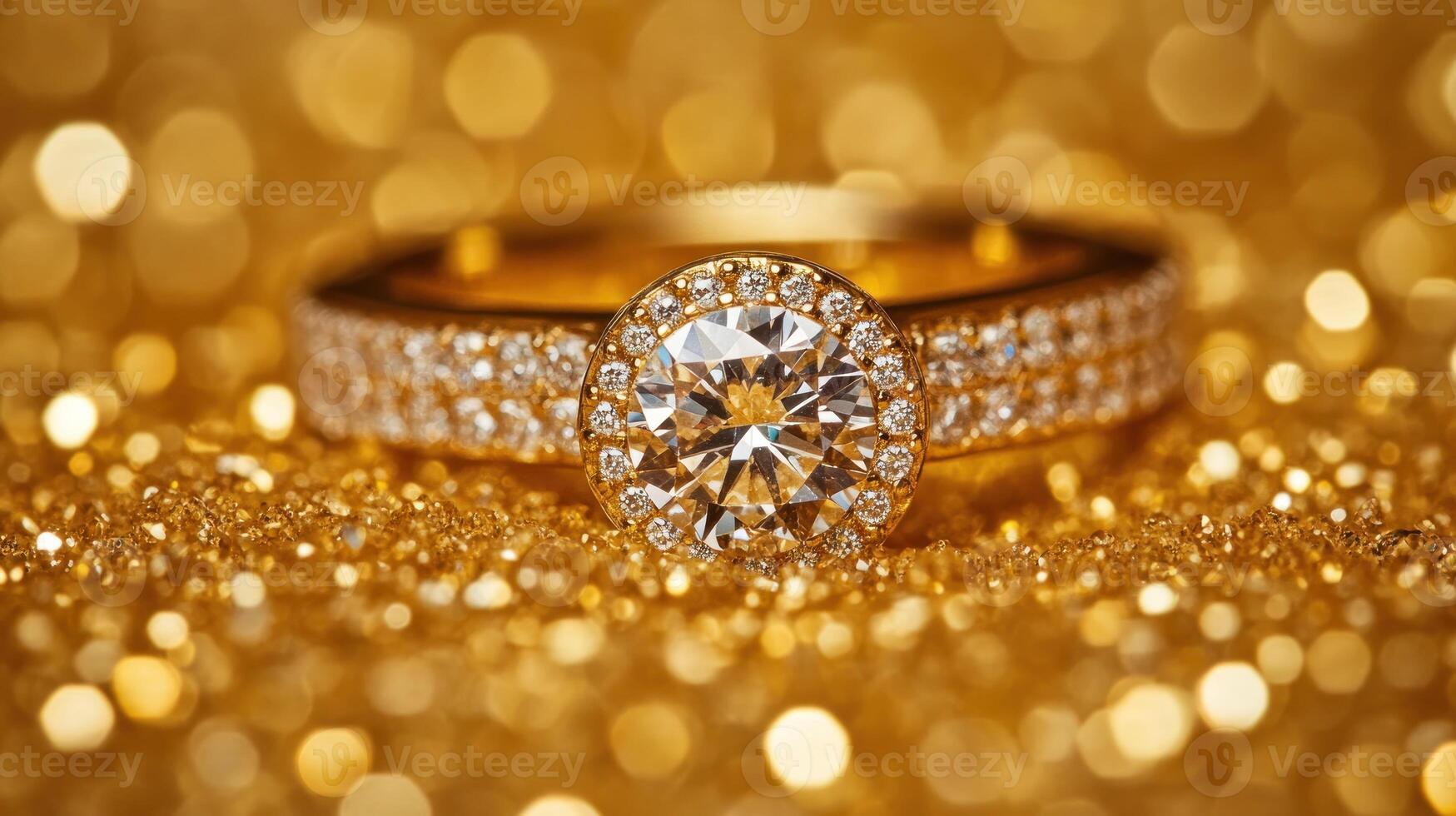 A luxurious gold ring features a brilliant diamond at the center, shimmering against a glittering backdrop photo