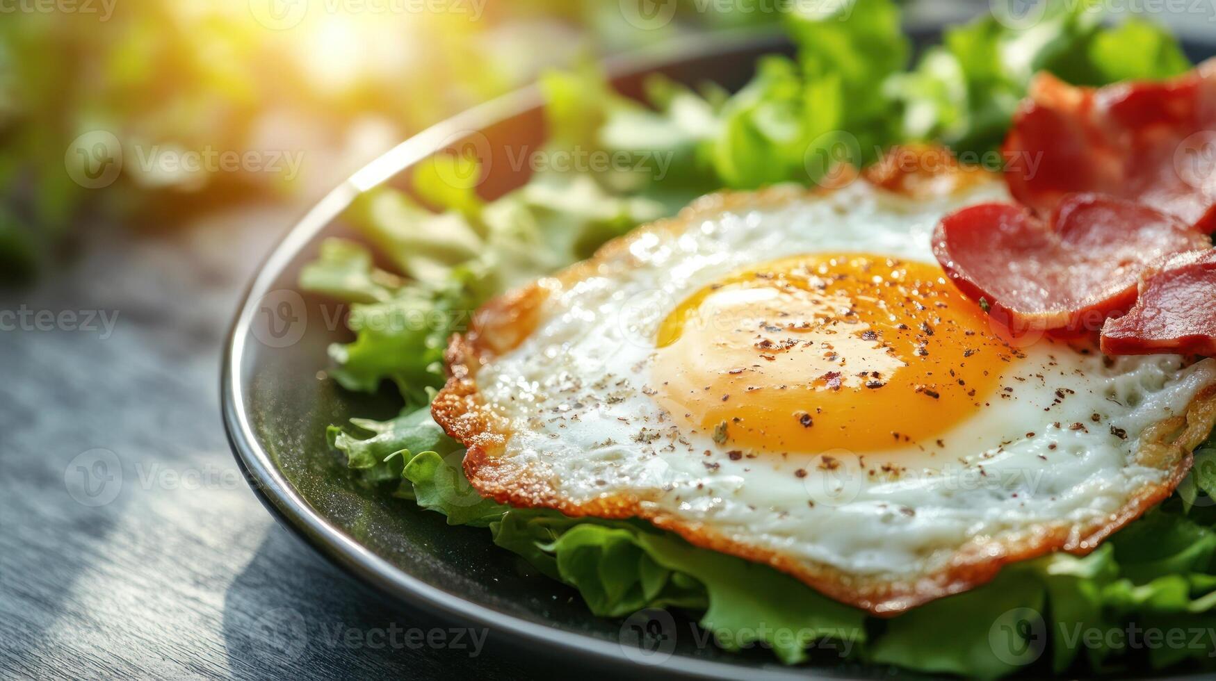 A sunny side up egg sits atop crisp greens, complemented by slices of bacon on a black plate photo