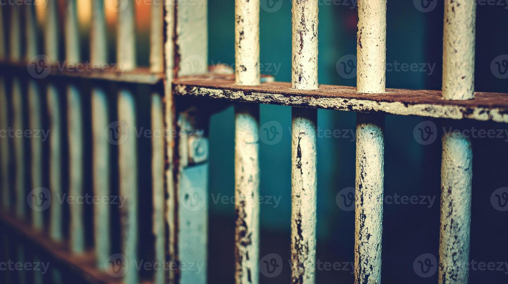 Close up view of weathered prison bars highlighting the theme of confinement and history photo