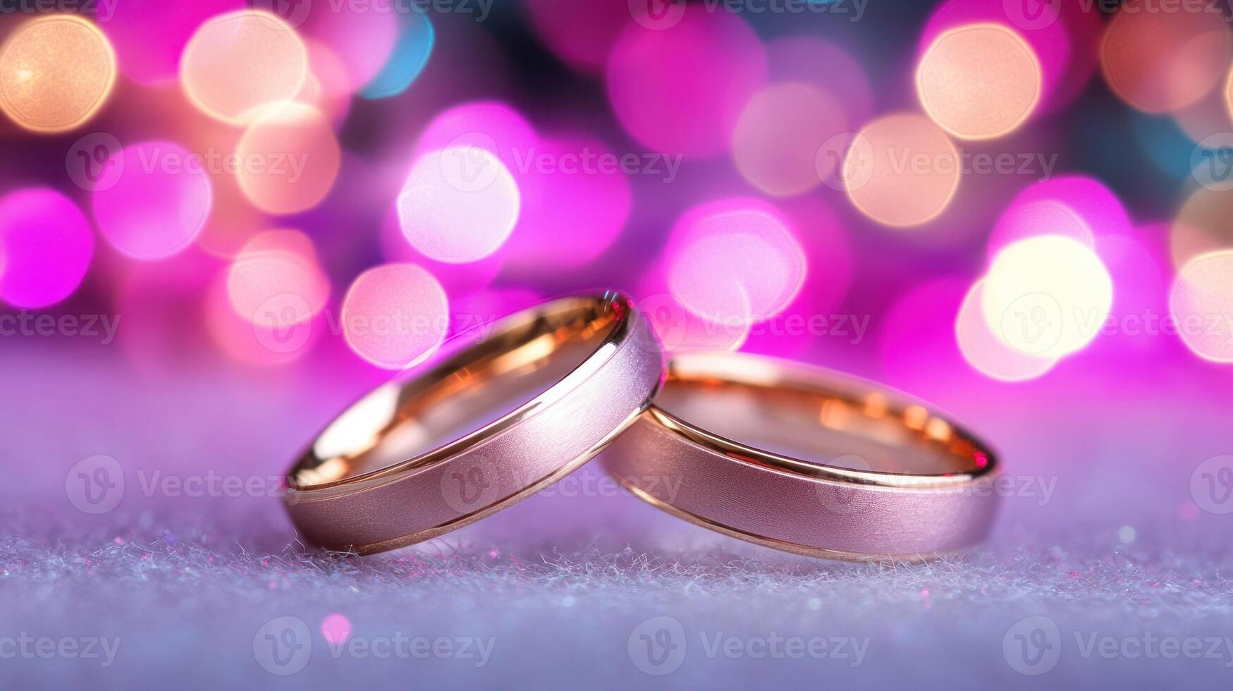 Two beautiful wedding rings shine against a soft background of vibrant bokeh lights adding a festive touch photo