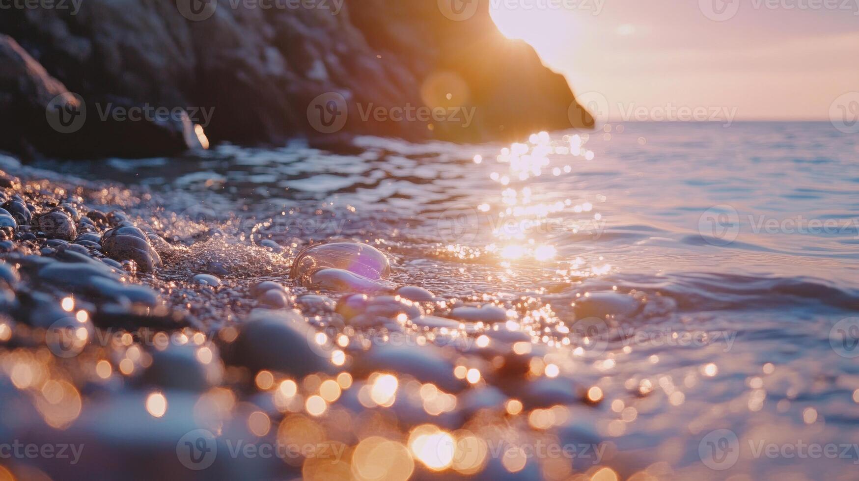 Gentle waves create ripples over pebbles as the sun sets, casting a golden glow on the tranquil water photo
