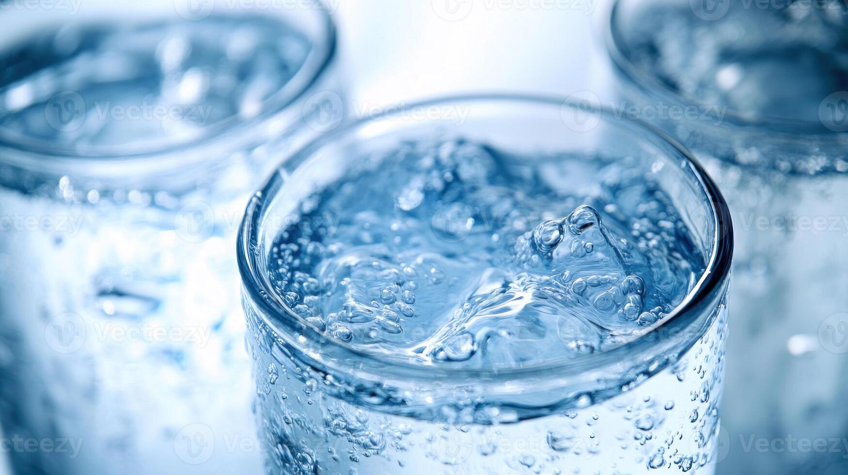 Glasses filled with sparkling water show bubbles rising in bright, inviting light photo