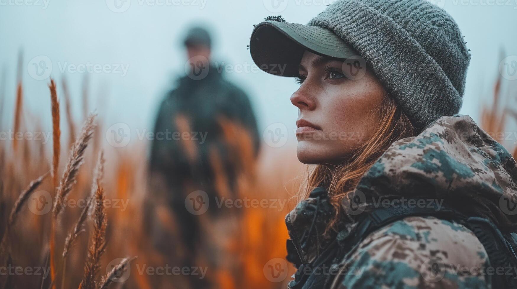 A woman in tactical gear gazes intensely into the distance in a foggy landscape photo