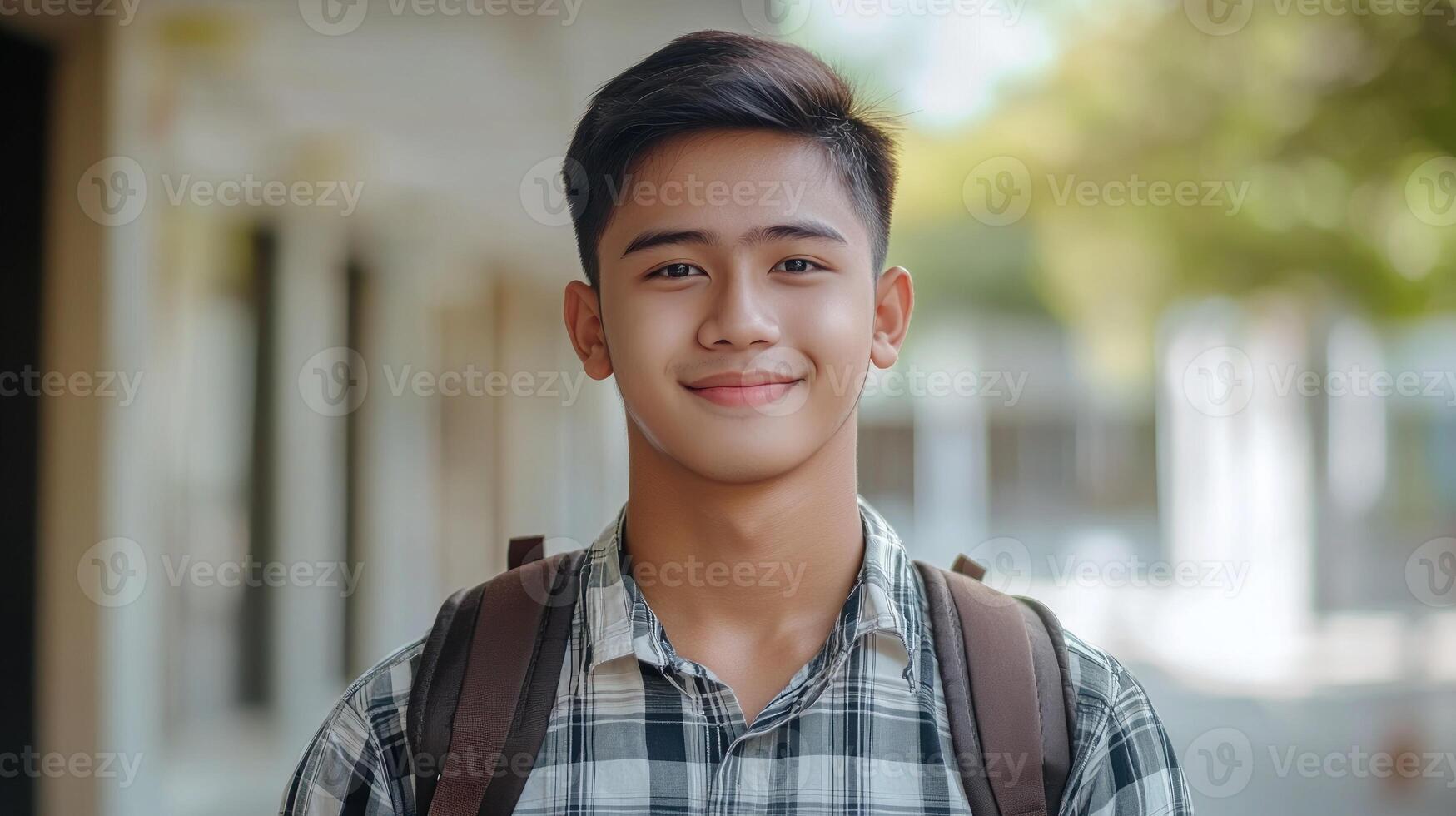 Happy student stands outdoors, enjoying the day with a backpack and warm smile in a school setting photo