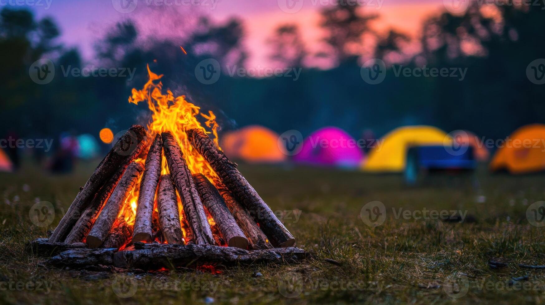 Bright flames rise from the campfire, providing warmth to campers as colorful tents stand in the background photo