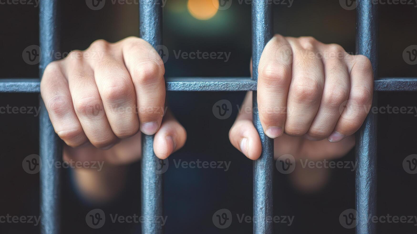 Two hands hold tightly to steel bars, reflecting the struggle for freedom in a dark prison environment photo
