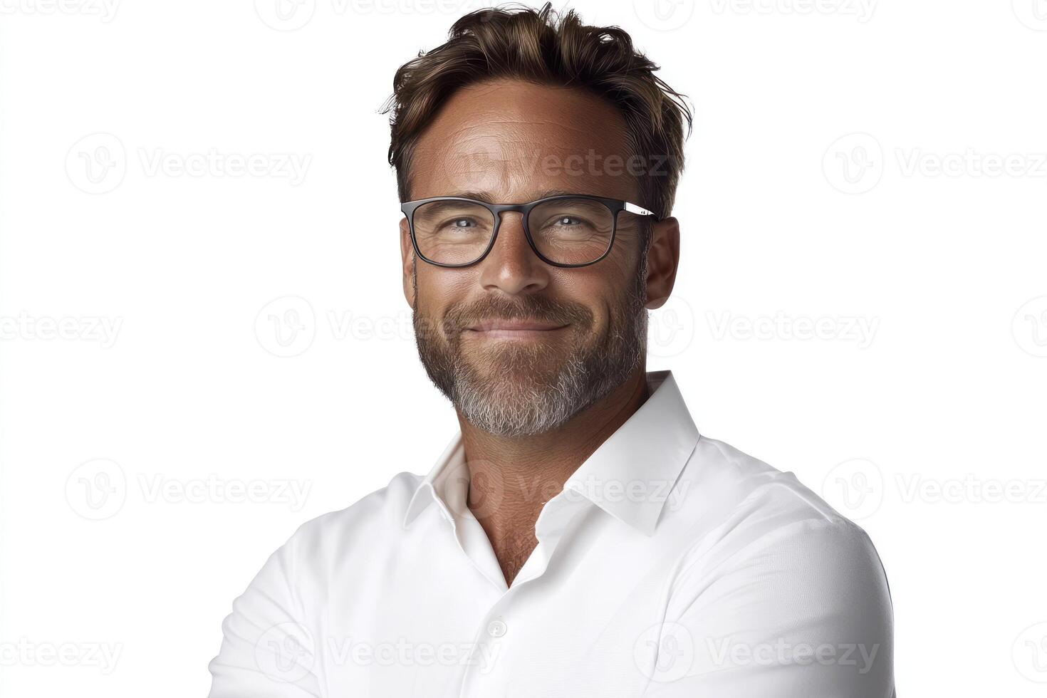 Smiling man with glasses poses confidently in a white shirt against a neutral background photo