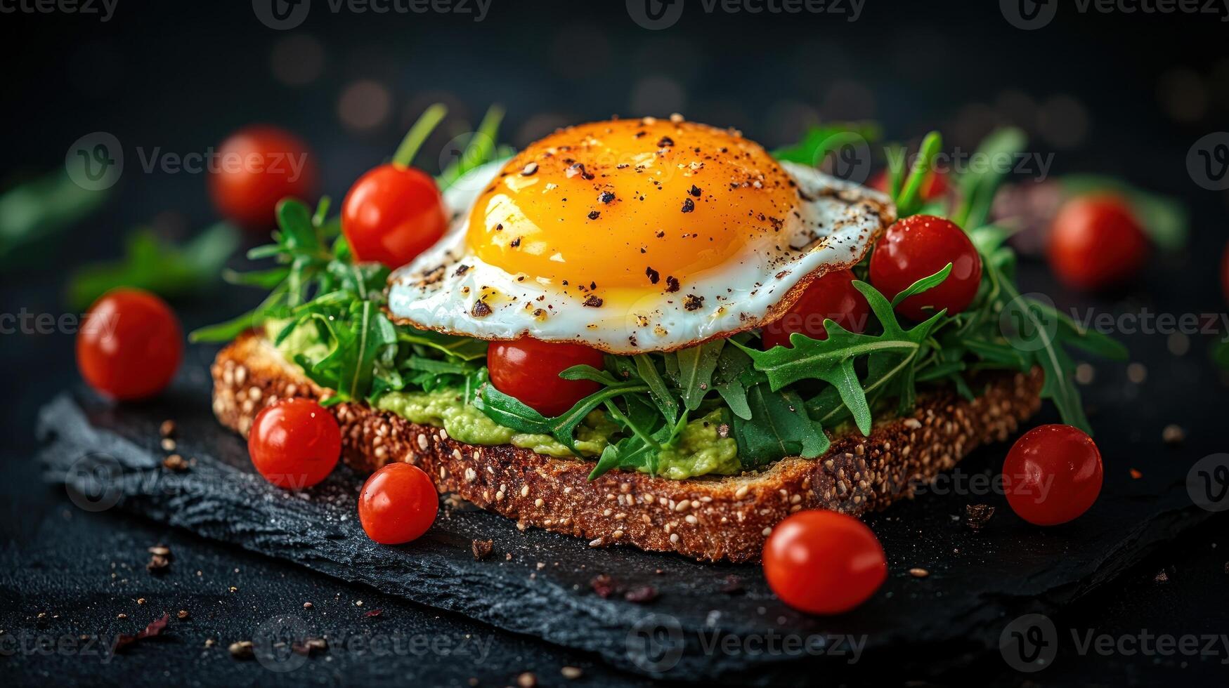 Delicious avocado toast topped with fried egg and cherry tomatoes on black slate photo