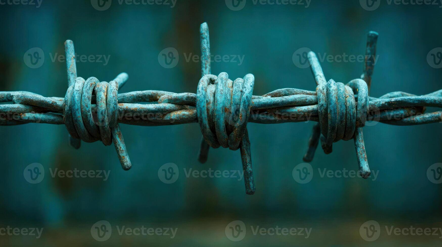 Close up of rusted barbed wire with a textured blue background, highlighting deterioration over time photo