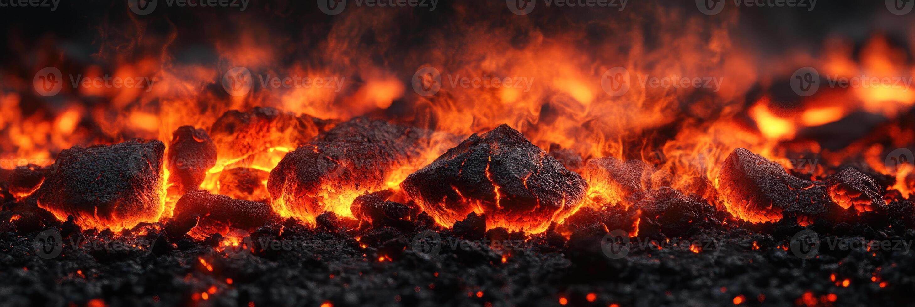 Erupting lava creates a stunning display of orange and red hues against dark rocky terrain at dusk photo
