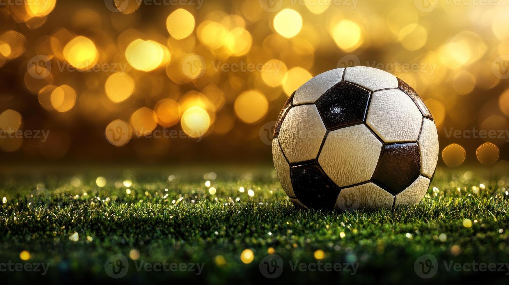 A soccer ball is placed on lush green grass with a golden bokeh effect in the background during the evening photo