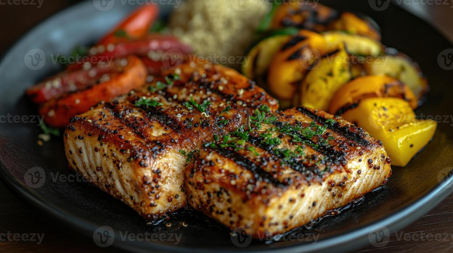Grilled fish with vegetables served on a black plate in a cozy restaurant during dinner time photo