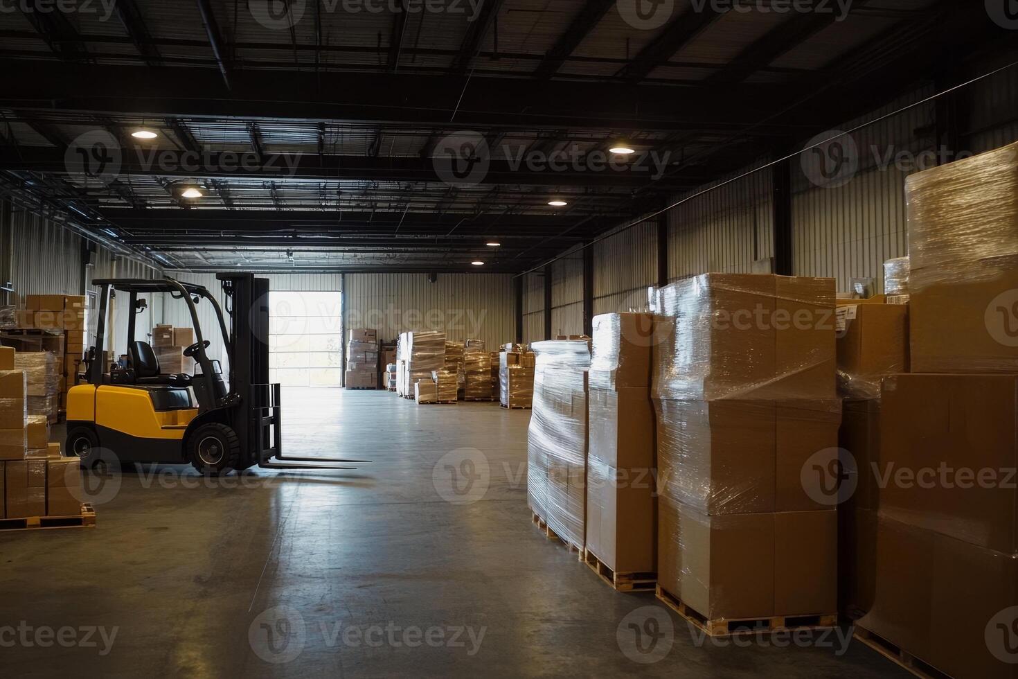 Forklift loaded with boxes inside a warehouse hangar. Warehouse area. photo