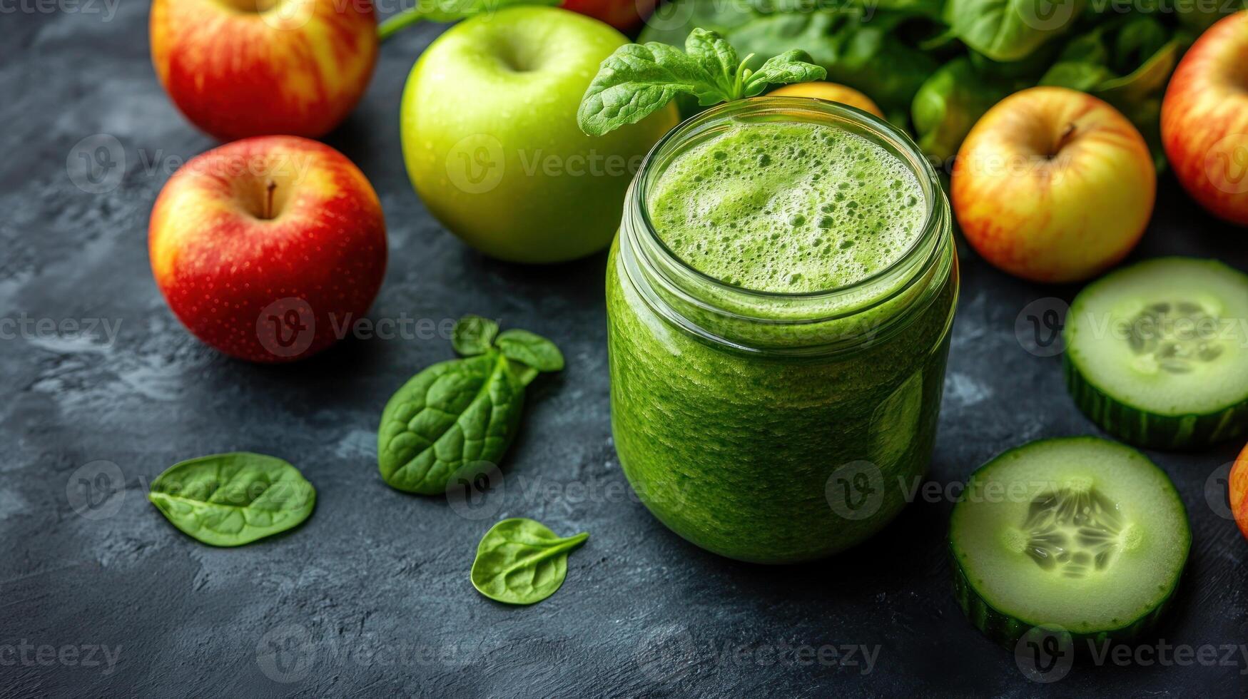 Refreshing green smoothie with apples, spinach, and cucumber on a dark surface photo
