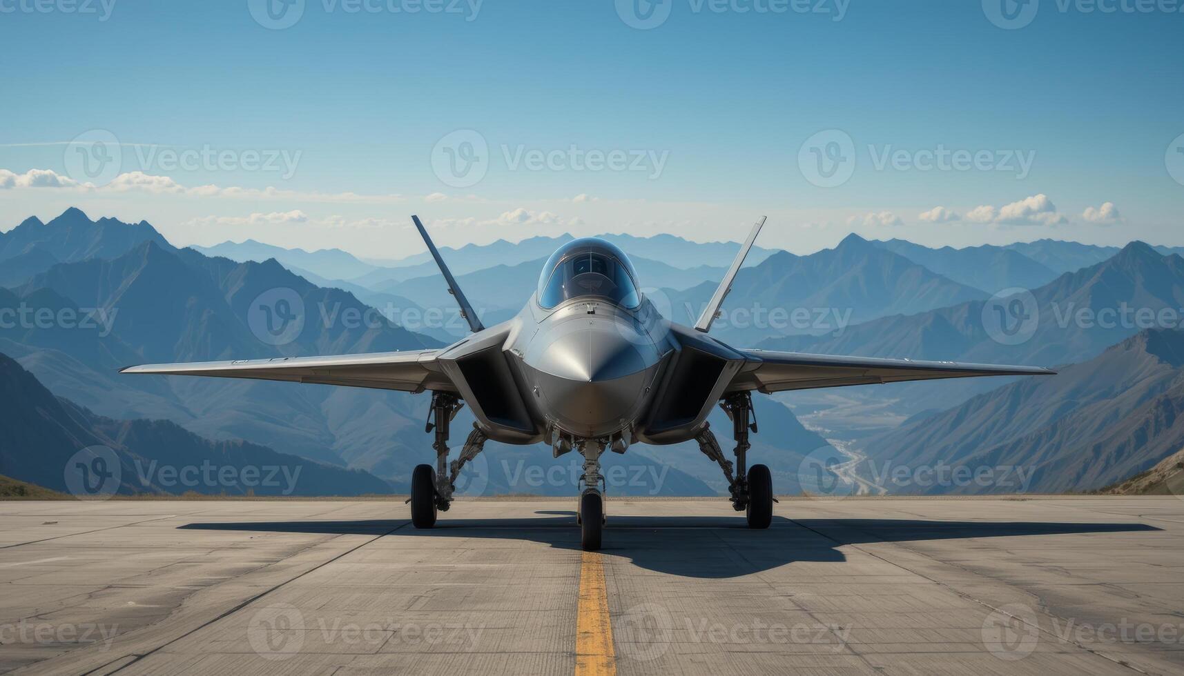 F-35's front view against serene mountain vastness. photo