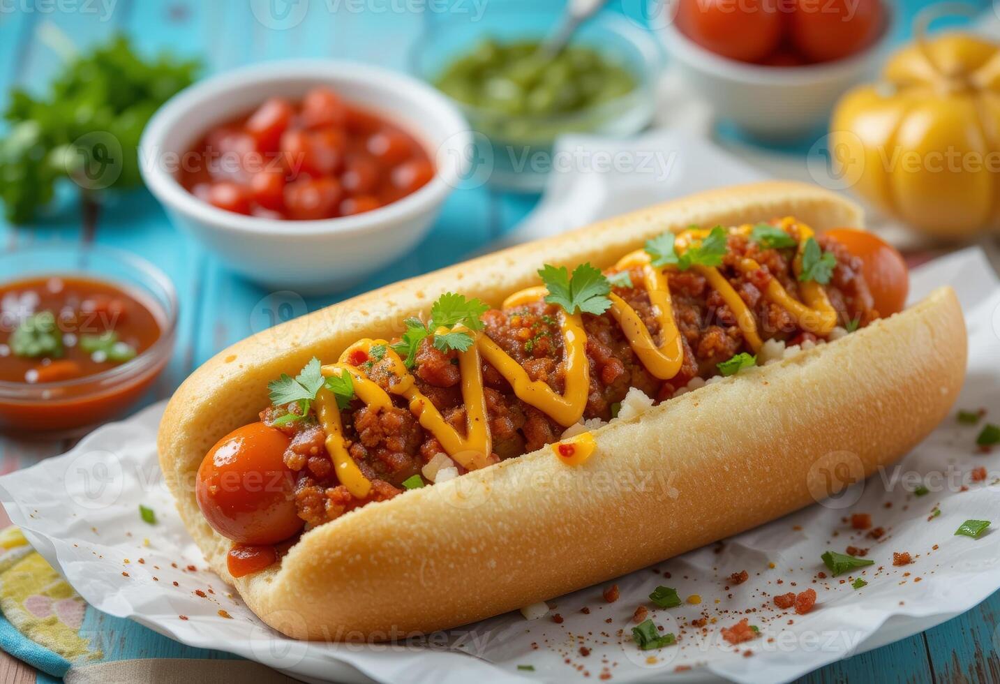 Hot dog with chili and mustard, with fresh condiments. photo