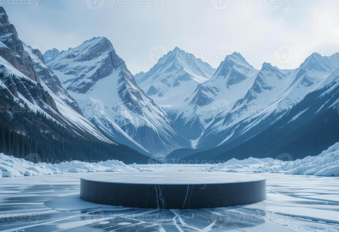 platform, podium background on ice snow mountain with snow covered floor with empty round stage. photo