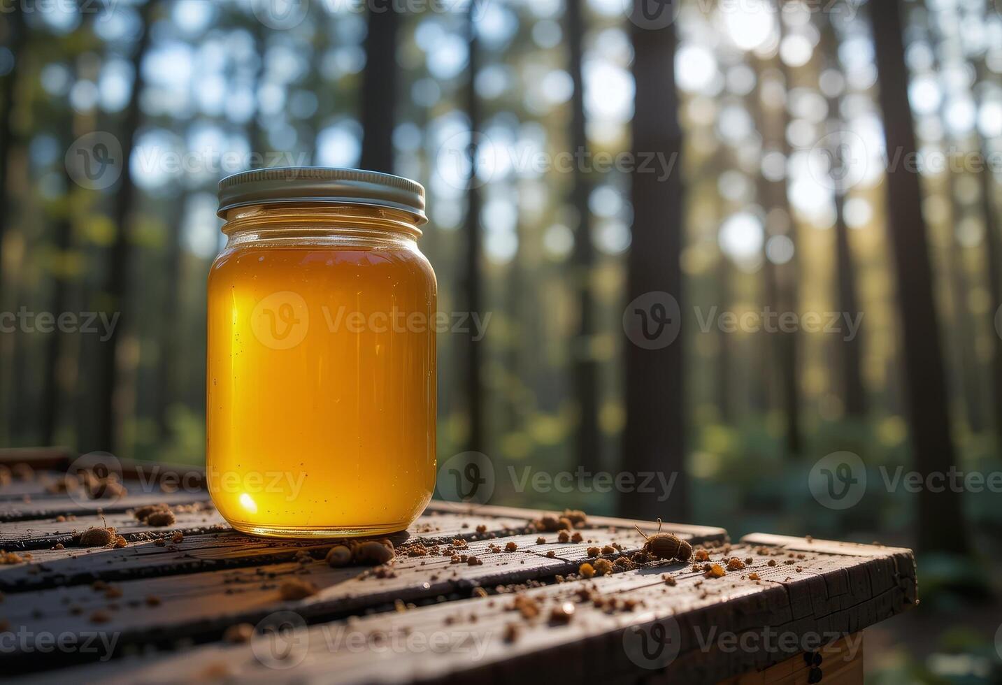 Jar of honey stands on the roof of a hive in the middle of an forest. photo