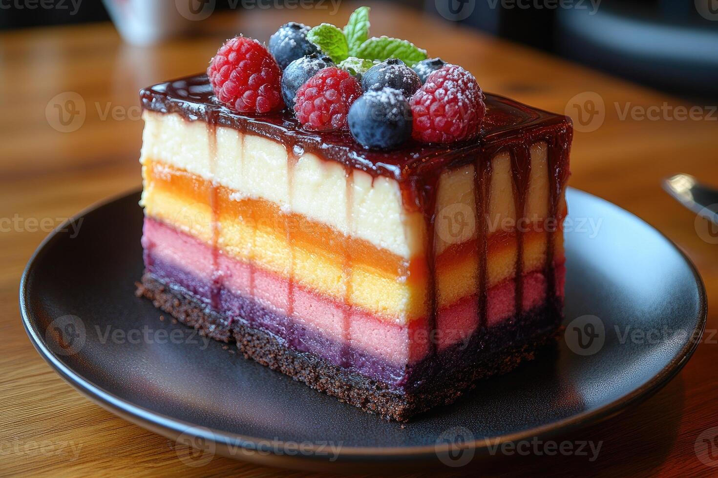 Layered Cake with Chocolate Glaze, Berries, and Mint photo