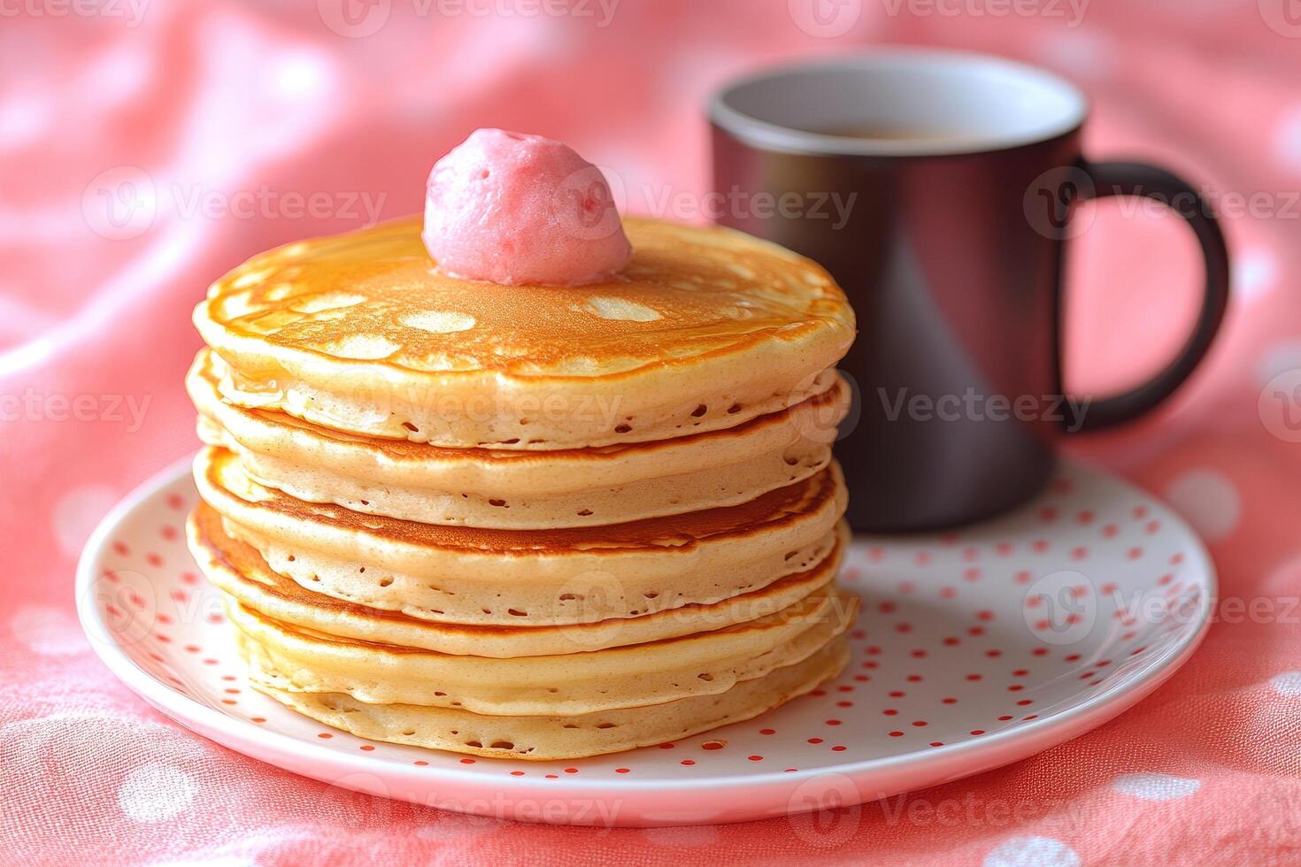 A Stack of Golden Brown Pancakes Topped with Pink Fruit and Served with Coffee photo