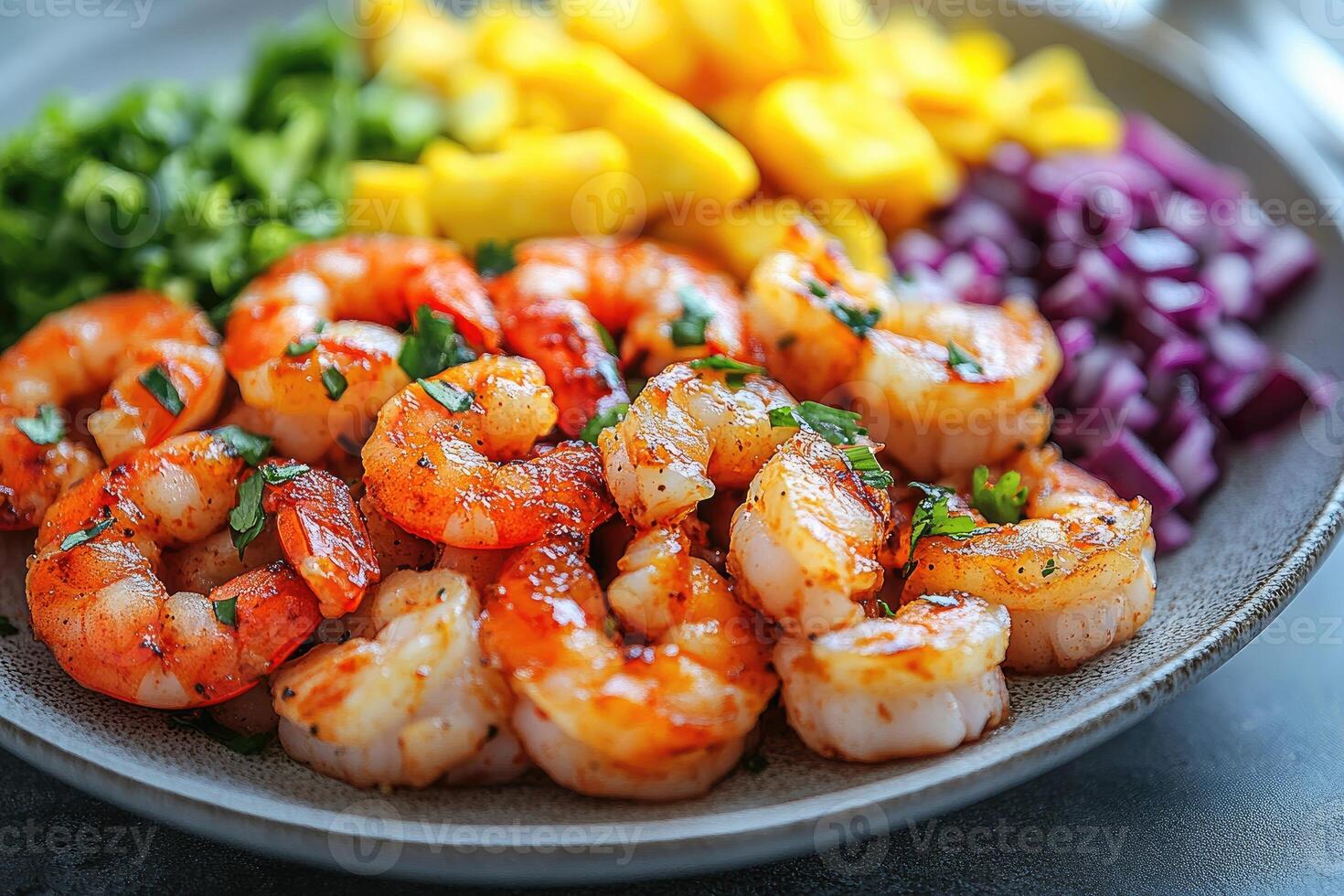 Close-up of Grilled Shrimp with Parsley and Red Onion Garnish photo