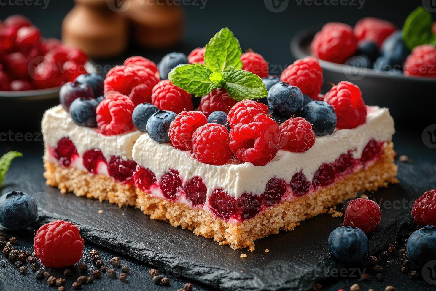 Two Creamy Dessert Squares Topped with Raspberries and Blueberries photo