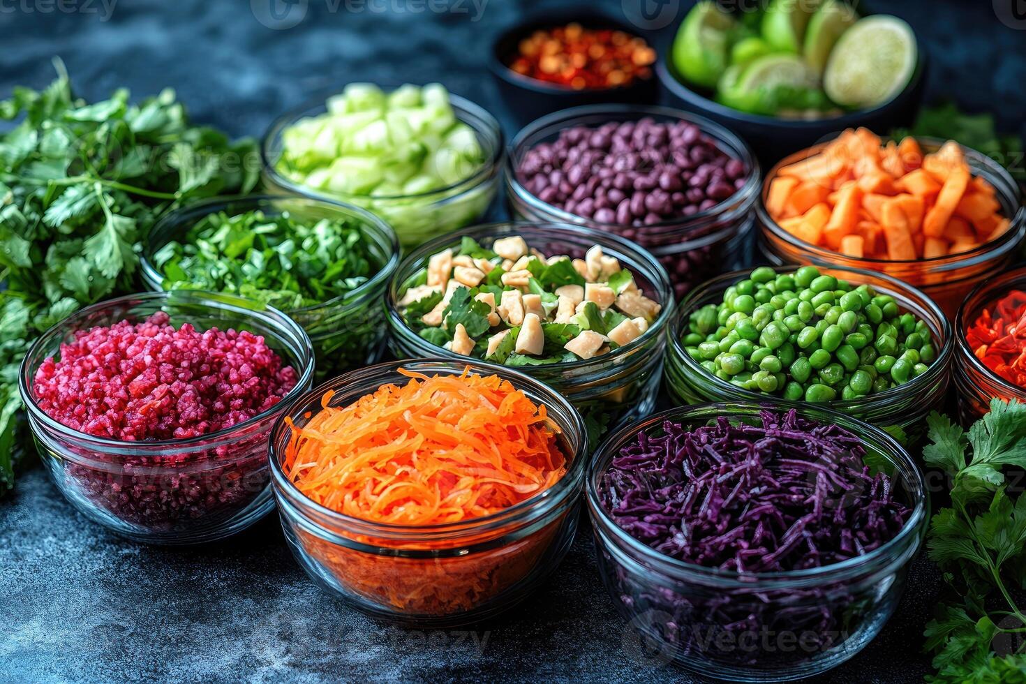 Colorful Salad Ingredients in Glass Bowls photo