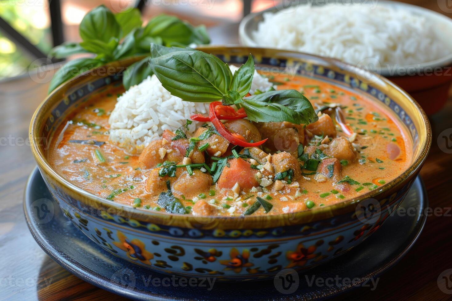Bowl of Red Curry with Chicken, Vegetables, and Rice photo
