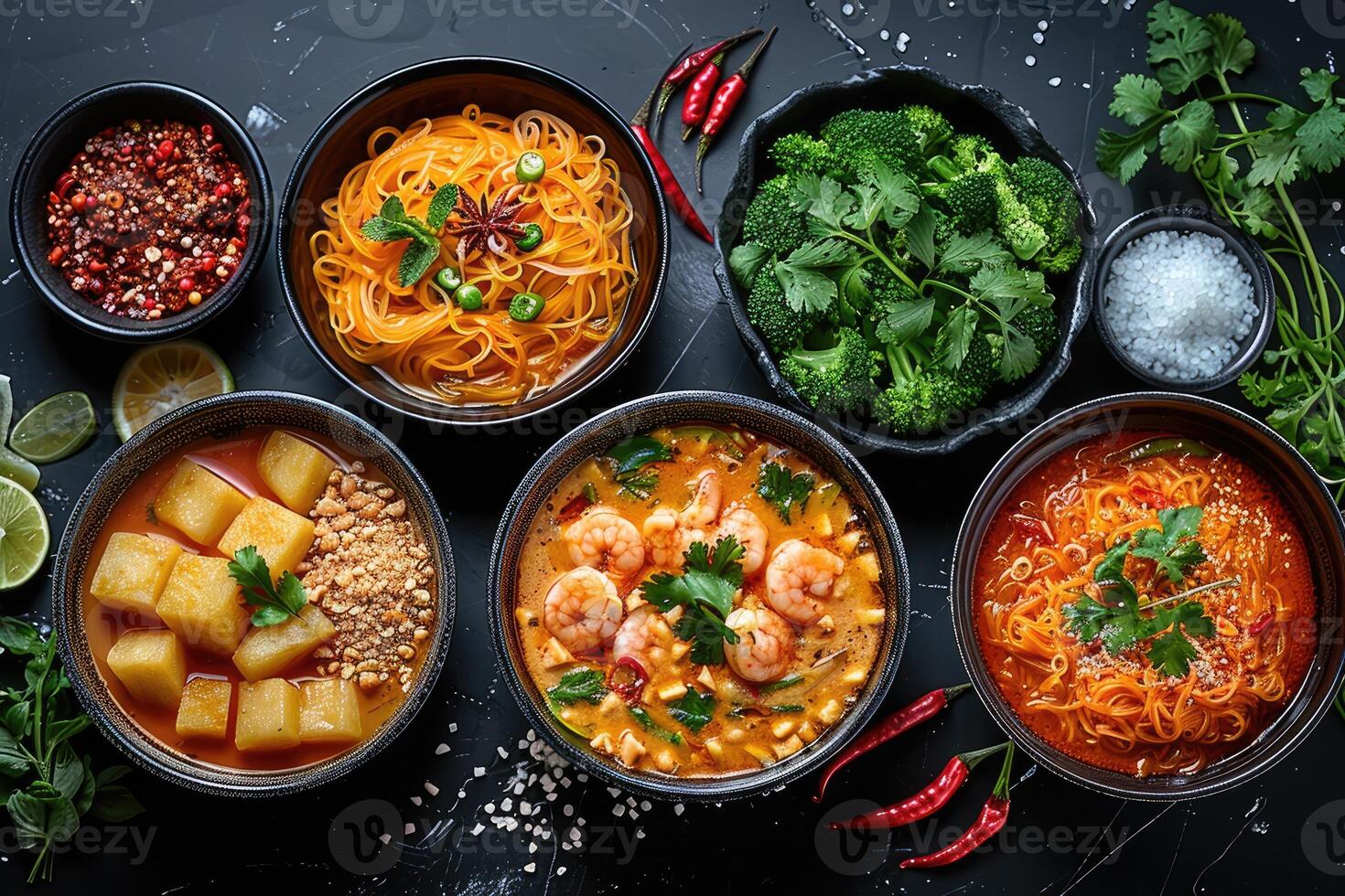 An Overhead View of Four Different Thai Dishes Served in Black Bowls photo