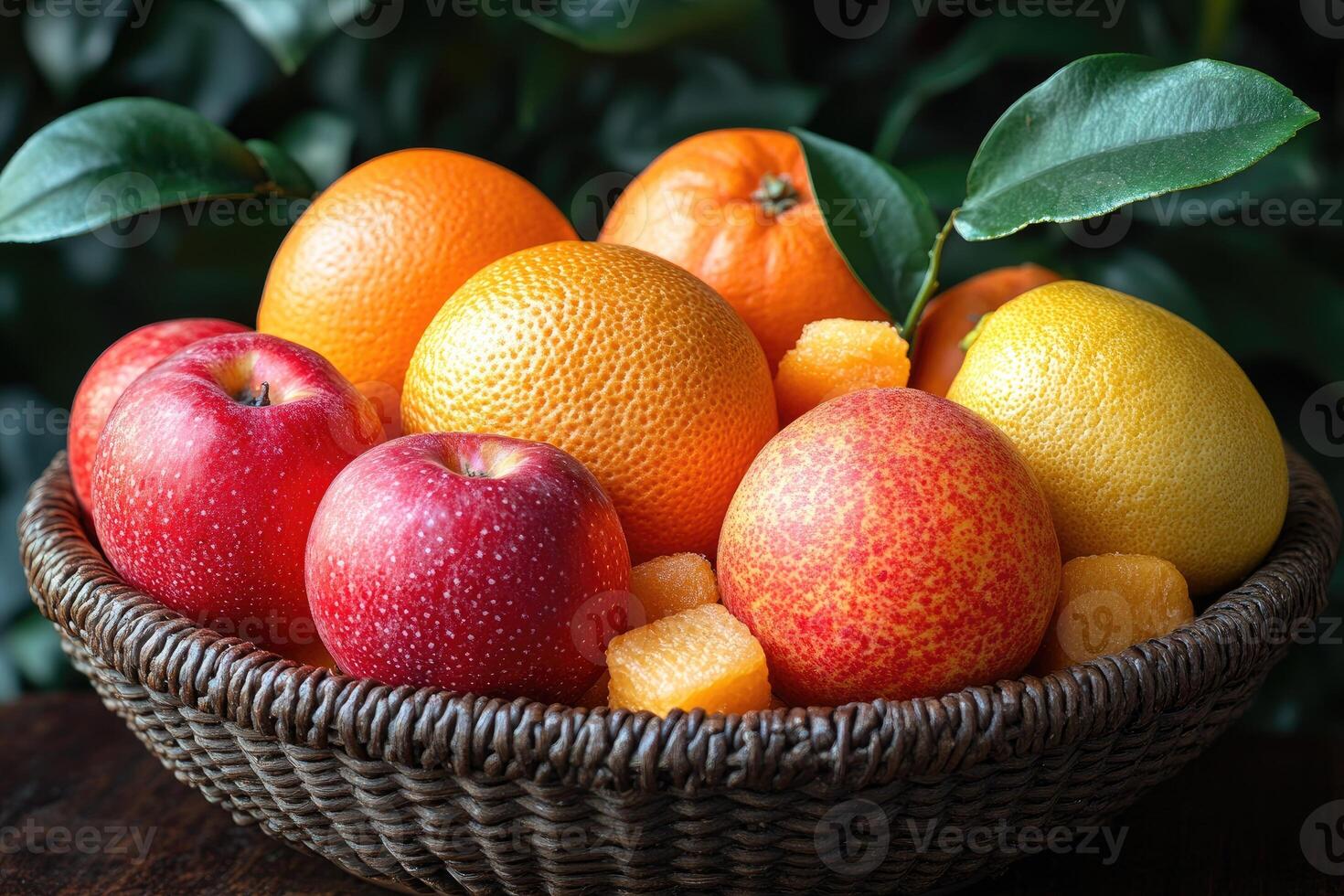 A wicker basket filled with various fruits apples oranges and a lemon photo
