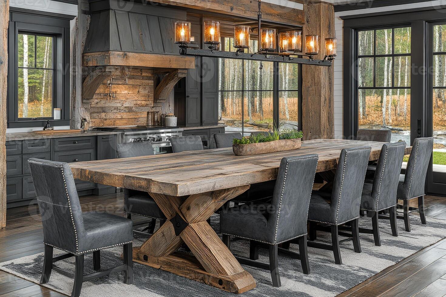 Rustic Farmhouse Dining Room with Large Wooden Table and Black Chairs photo